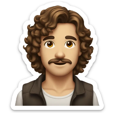 young men with brown long currly hair, little mustach and small beard sticker