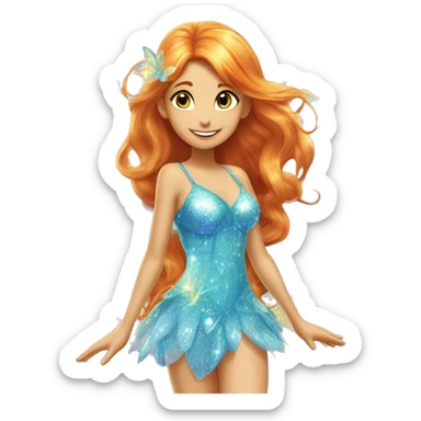 Bloom adult fairy of dragonflame in her enchantix fairy light blue sparkling two-piece clothing and fairy enchantix wings and long ginger hair in from winx club. Lots of sparkles and fairydust. Full body pic and full fairy bliss sticker