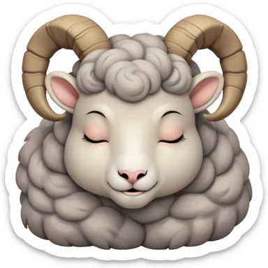 Meme-Worthy Cute Sleeping Ram Portrait Emoji, Head resting peacefully with a contented smile, showcasing a robust build and a luxuriously soft woolly grey fur with gently curled horns, eyes shut in a serene, restful nap, Simplified yet hilariously adorable features, highly detailed, glowing with a soft, drowsy light, high shine, relaxed and utterly lovable, stylized with an air of playful laziness, bright and heartwarming, soft glowing outline, capturing the essence of a comically sleepy ram, so meme-worthy it feels like it could instantly become the next viral sensation of adorable slumber! sticker