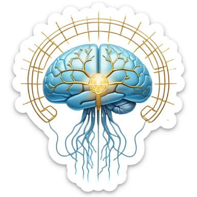 Pearlescent and light blue floating capsule suspended in front of an ethereal brain illuminated by golden electrical pulses branching into a neural network pattern, awakening lucidity. A soft light also surrounds a small liver symbol, all rotating in an aura of focus and internal connection sticker