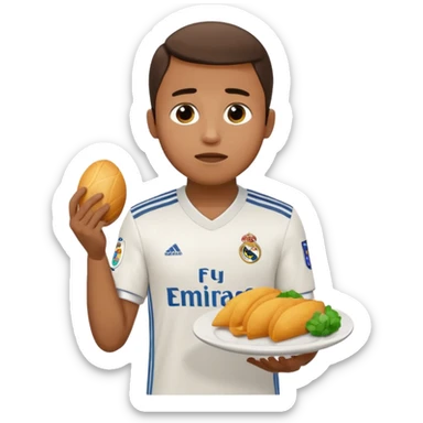 Lamine Yamal in Real Madrid football club uniform, crying and holding a plate sticker