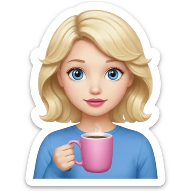 Girl Blonde short wavy hair,  blue eyes, cute blue top, long lashes, pink lips, holding hot coffee mug sticker