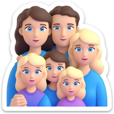 Family portrait with father with dark brown hair and blue eyes, mother with light brown hair and blue eyes, three blonde little girls with blue eyes sticker