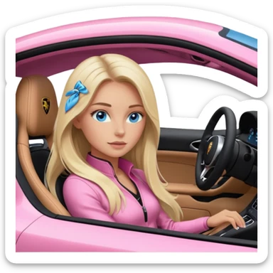 pink Porsche taycan with blonde girl, long hair, blue eyes, sitting inside the car, front view point of view, no sunglasses, sexy sticker