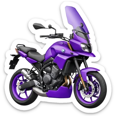 Créer un emoji avec une moto mt07 sport noir mate / violet iridescent très foncé, pare-brise de la moto violet. Avec une pilote dessus visière violet sombre visage caché . Avec fond arrière violet en arrière plan. sticker