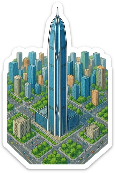 Изометричная, яркая, детализированная, объемная и фотореалистичная иллюстрация башни Ping An International Finance Centre. В стиле 3D-коллажей городов, насыщенные цвета, аккуратные и чёткие линии, мультяшно-реалистичная стилистика. Чёткие контуры, не размазанные линии, высокое качество, прозрачный фон, не обрезать края картинки sticker