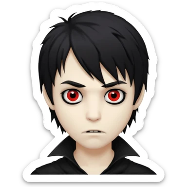 creepy boy vampire, black shaggy emo hair, medium long, dark and spooky look sticker