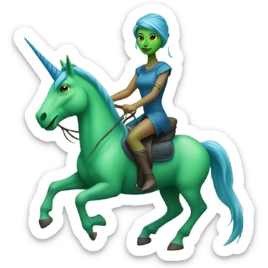 a green amazon alien woman on a blue unicorn no woke sticker
