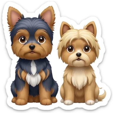 Generate a blue and tan purebred yorkie with a blonde shi tzu yorkie mix with floppy ears sitting next to each kther sticker
