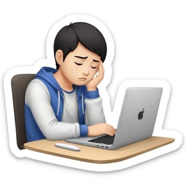 Create an emoji of a tired person of Asian descent, sitting at a laptop, looking exhausted and frustrated. They have slouched posture, representing overwork and burnout. sticker