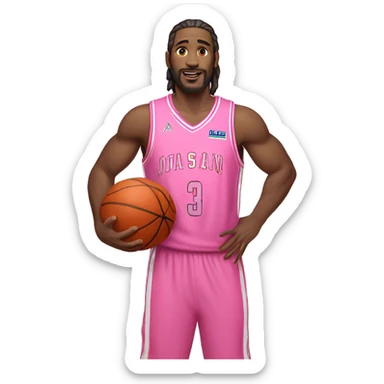 An emoji of a white-skinned man with slightly long hair, wearing a pink basketball jersey and holding a pink basketball sticker