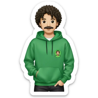 light skin man with mustache and curly hair wearing a green sex records hoodie with black jeans and balenciagas sticker
