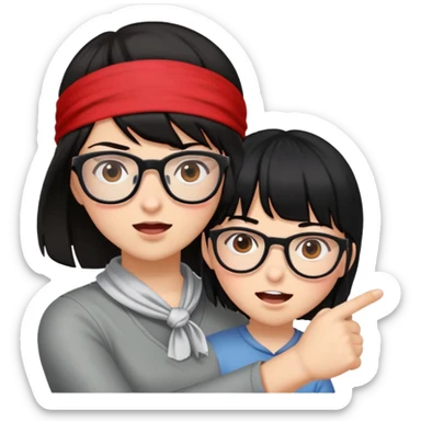 Девушка с темными волосами челкой и в очках бьет ударяет парня с черными волосами в красной бандане sticker