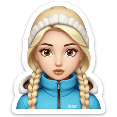 Blonde model with brown eyes, ski outfit, luxury makeup sticker