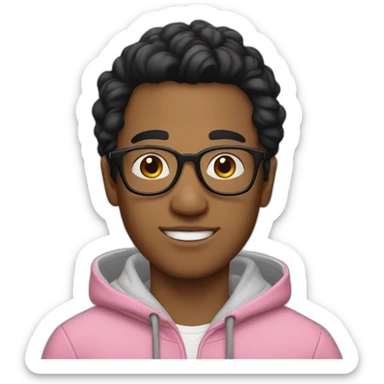 A young man wearing glasses, a pink hoodie, black hair, white skin, and his hair is combed up.  sticker