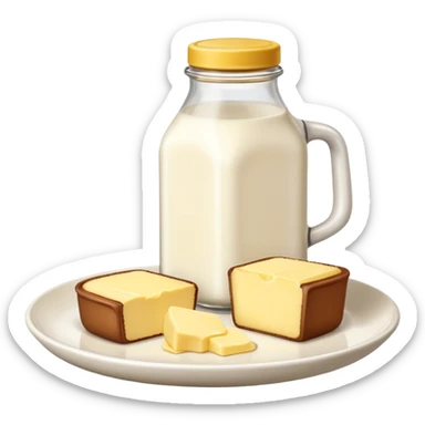 one bottle of milk with a brown cap and a piece of mini butter on a plate  sticker