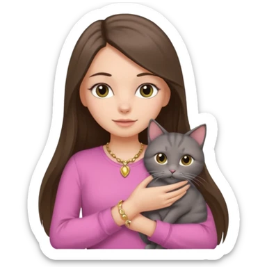 a white girl with brunette long straight hair holding a grey cat. the girl has long lashes and has on a pink shirt and gold jewelry. sticker