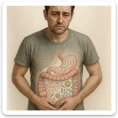 Realistic style illustration of a man about 35 years old holding his lower abdomen with evident discomfort. Tense and tired expression, slightly sunken eyes, dull skin. Transparent overlay on the abdomen showing stylized illustrations of intestinal parasites and bacteria in imbalance (dysbiosis), with the intestine schematically depicted as in a medical study. Medical and realistic illustrative elements. sticker