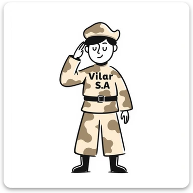 muñeco soldado con uniforme camuflado (crema, marrón, beige), saludando como militar, con 'Vilar S.A.' en el pecho, estilo dibujo a mano alzada sticker