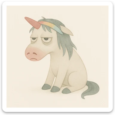 Remove the bathrobe and coffee cup from the unicorn. Add a cheerful, bright headband. Keep the painterly watercolor style, unicorn remains disgusting and rumpled with bags under his eyes and a drooping horn. sticker