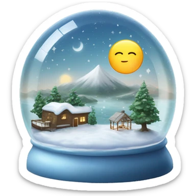 Semi-circular glass dome shaped like a snow globe with the sun and moon inside and land and water on the botto sticker