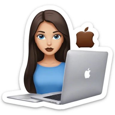 Glamours tanned very beautiful girl with pump natural beige lips and dark chocolate straight smooth long hair, blue-grey eyes with MacBook sticker