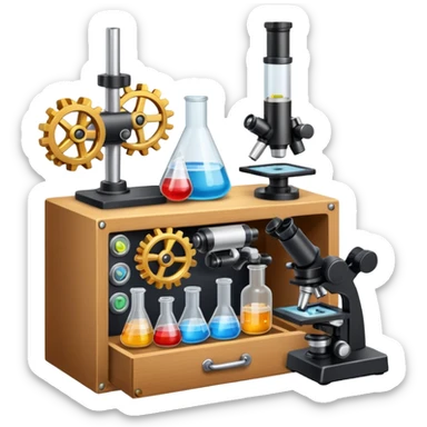 toolbox science, chemicals, mechanical gears, electronics, microscope, bohr atom model sticker