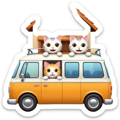 two cartoon cats in a van waving out the window at a small house in the background sticker