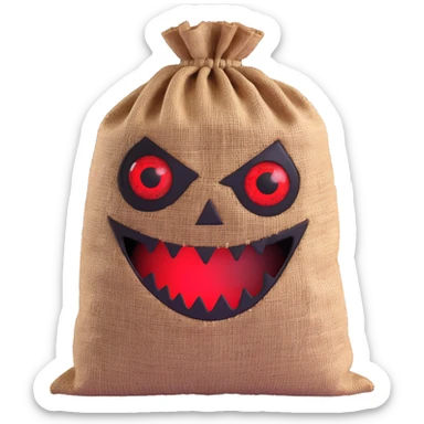 terrifying burlap sack face with jagged stitches and glowing red eyes sticker