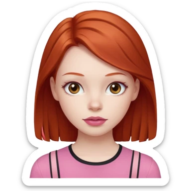 Redhead girl with deep brown eyes, pale skin with light red lips wearing a pink strap shirt sticker