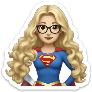 Caucasian Supergirl upper body long wavy hair and glasses with an "F" in the chest sticker