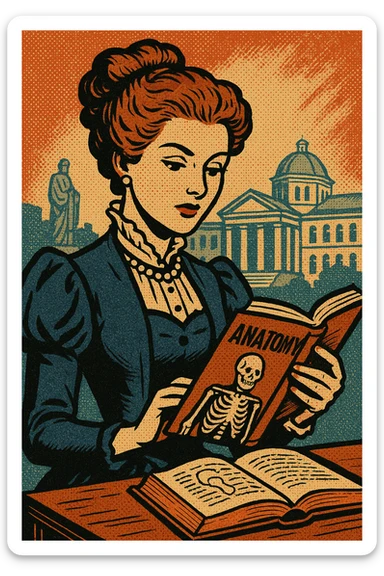 A young wealthy victorian women reading a  book about human anatomy in a university sticker