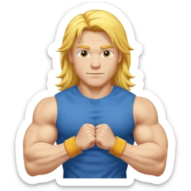 young guy with biceps fkexing, long yellow hair, blue t-shirt sticker