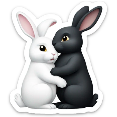 Black rabbit hugging white rabbit with moon behind them sticker