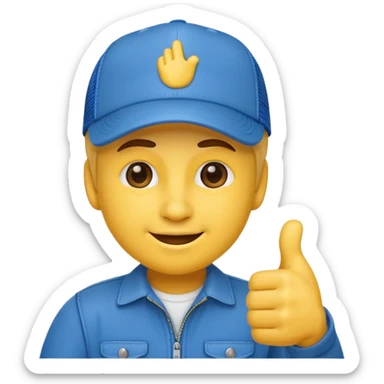 hat emoji giving thumbs up with blue trucker style cap with white front sticker