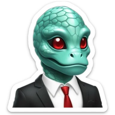 Aquamarine reptilian in classic black suite with red laser eyes on the middle of platinum coin sticker
