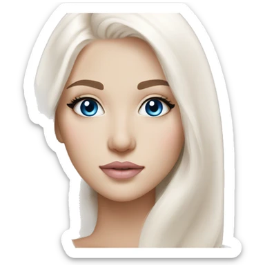 slavic girl medium length white straight hair, blue eyes, light pink beige glittery lips sticker