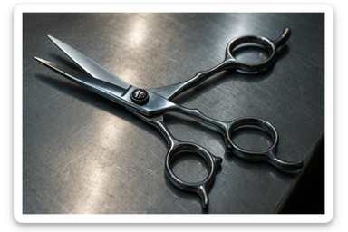 A set of professional barber scissors lies on a stainless steel workbench, gleaming under the bright lights. The blades are sharp and precise, with smooth handles showing signs of frequent use, ready for the next cut sticker