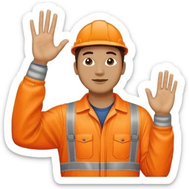 man standing facing away, wearing orange hi visibility overalls  with one arm raised sticker
