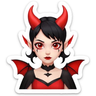 demon girl, skin 100% solid red (no pale/blush), black hair, small horns, pointed ears, bat wing, black open-back dress, bold black outlines, red+black palette sticker