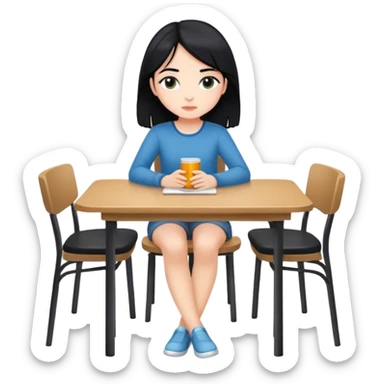 White girl full body sitting at table with black hair looking away sticker