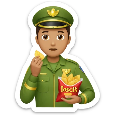 supermarket collegue wearing a green uniform and eating a packet of crisps sticker