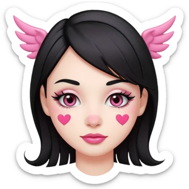 “Emoji girl, pastel pink streaks in black hair hair, bold winged eyeliner, heavy blush on cheeks and nose bridge, under-eye hearts, glossy pink lips, playful smirk.” sticker
