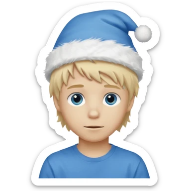 create boy blonde hair long messy, light eyes, white t shirt, rich, long hair, eyes blue, acessory head cristimas blue hat, fluffy hair medium long sticker