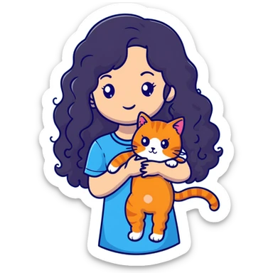 girl with long black curly hair holding a ginger cat sticker