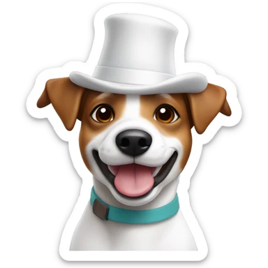 Hap3D dog Jack Russell with white and brown coloring. Like Memoji on iphone. And with a Happy birthday colored hat sticker