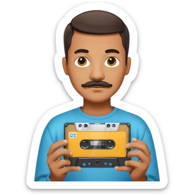 man with mustache and short hair holding a cassette tape, reflecting unique style, simple and clear, no background, Apple emoji style sticker