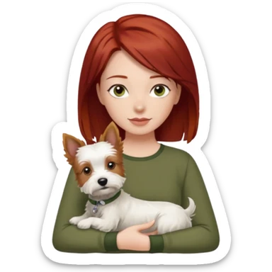 Westie dog being held by woman with dark shoulder length red hair and hazel eye wearing olive green top sticker