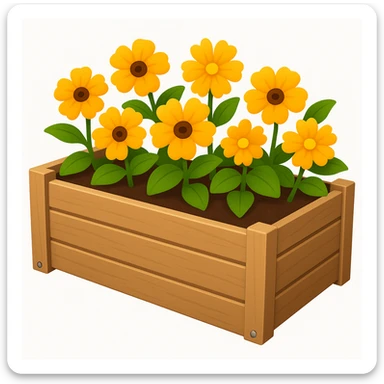 Remix this minimal flower bed in a wooden planter in emoji style. Create three new variations with different flower colors and arrangements, keeping the minimal and wooden planter look consistent. sticker