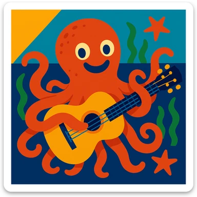 happy octopus with multiple arms playing guitar sticker